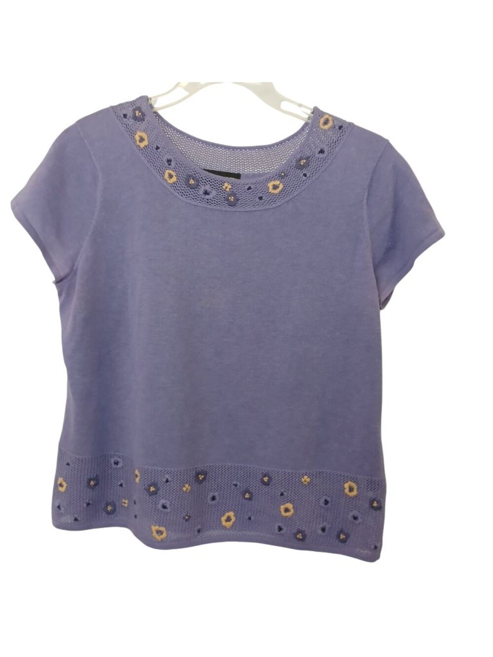 Norton McNaughton Purple Knit Top Sz L Embroidered Mesh Trim Short Sleeve D47